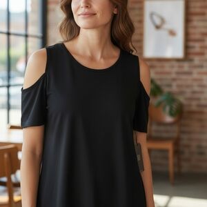 Clara Sun-Woo, NWT, Elegant Black Cold Shoulder Blouse Round Neck, Pit/Pit 36